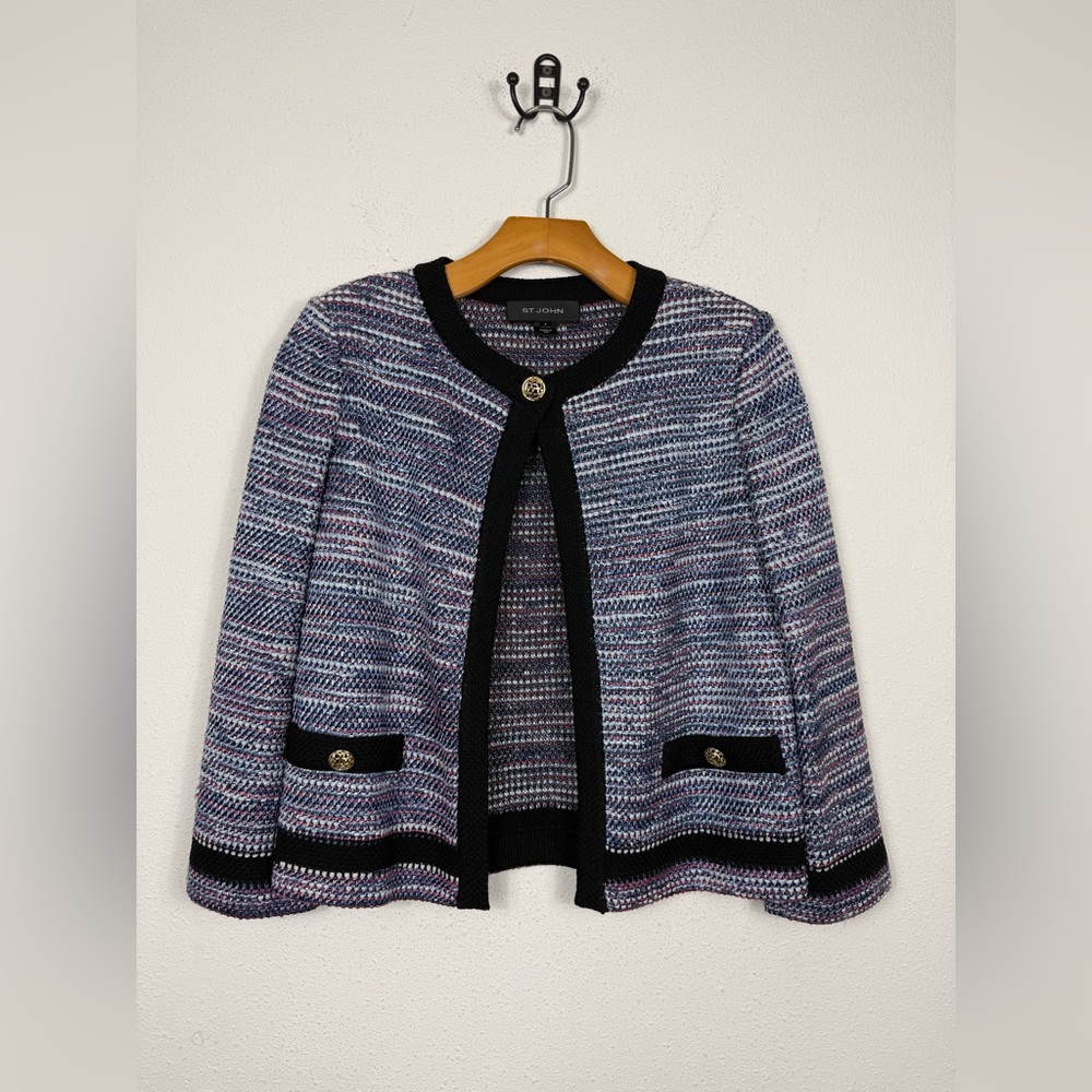 St. John Tweed Knit Jacket Purple Blue Red Black Blazer Sz 4 Made In USA